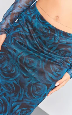 Blue Floral Printed Mesh Low Rise Maxi Skirt