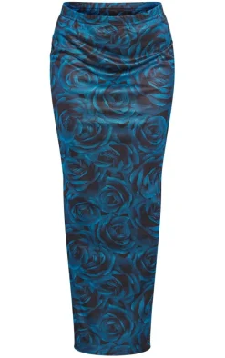 Blue Floral Printed Mesh Low Rise Maxi Skirt