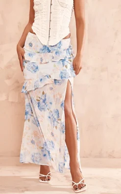 Blue Floral Printed Ruffle Detail Maxi Skirt