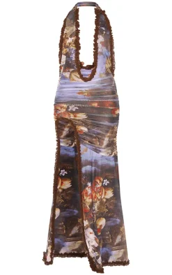 Blue Floral Printed Ruffle Detail Plunge Maxi Dress