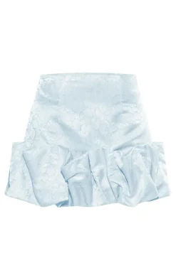 Blue Floral Satin Puffball Hem Mini Skirt