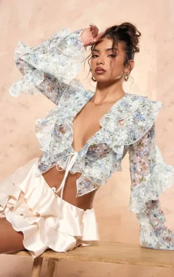 Blue Floral Sheer Woven Ruffle Tie Crop Blouse