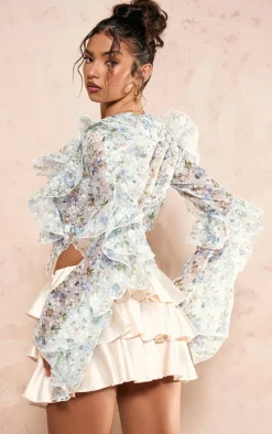 Blue Floral Sheer Woven Ruffle Tie Crop Blouse