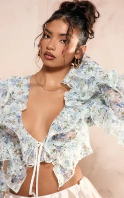 Blue Floral Sheer Woven Ruffle Tie Crop Blouse