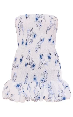 Blue Floral Shirred Bandeau Bodycon Dress