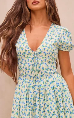 Blue Floral Short Sleeve Tie Pleated Shift Dress