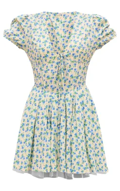 Blue Floral Short Sleeve Tie Pleated Shift Dress