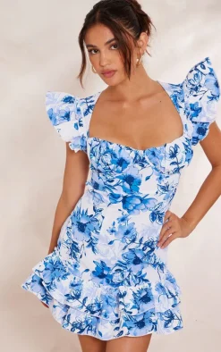 Blue Floral Underwired Frill Strappy Back Bodycon Dress