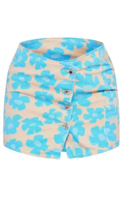 Blue Flower Printed Button Detail Denim Mini Skirt