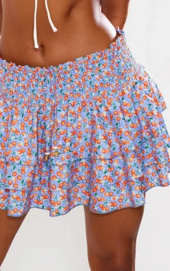 Blue Fruit Printed Shirred Waist Tiered Mini Skirt