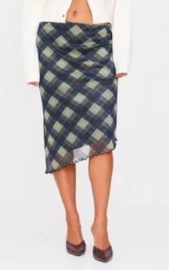 Blue Gingham Print Asymmetric Hem Mesh Midi Skirt