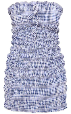 Blue Gingham Ruched Bandeau Bodycon Dress