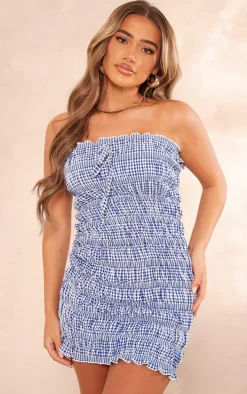 Blue Gingham Ruched Bandeau Bodycon Dress