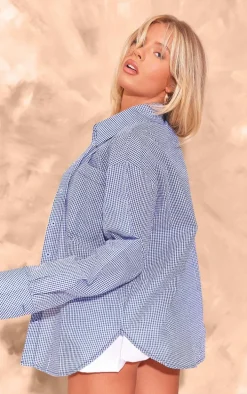 Blue Gingham Seersucker Oversized Long Sleeve Shirt