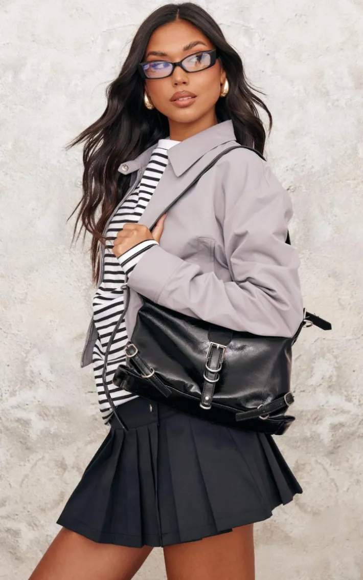 Blue Grey Cotton Canvas Collar Detail Zip Up Jacket