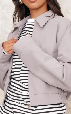 Blue Grey Cotton Canvas Collar Detail Zip Up Jacket