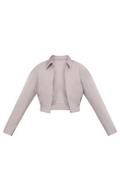 Blue Grey Cotton Canvas Collar Detail Zip Up Jacket