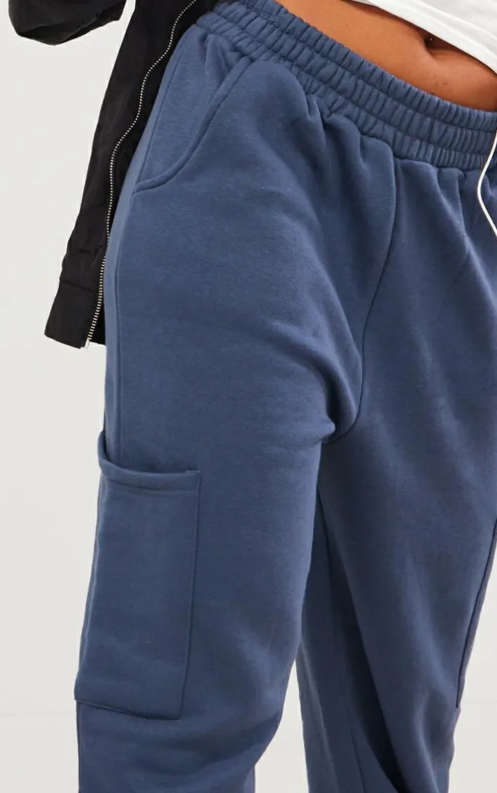 Blue Grey Elasticated Waist Pocket Cargo Straight Leg Sweatpants