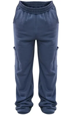 Blue Grey Elasticated Waist Pocket Cargo Straight Leg Sweatpants