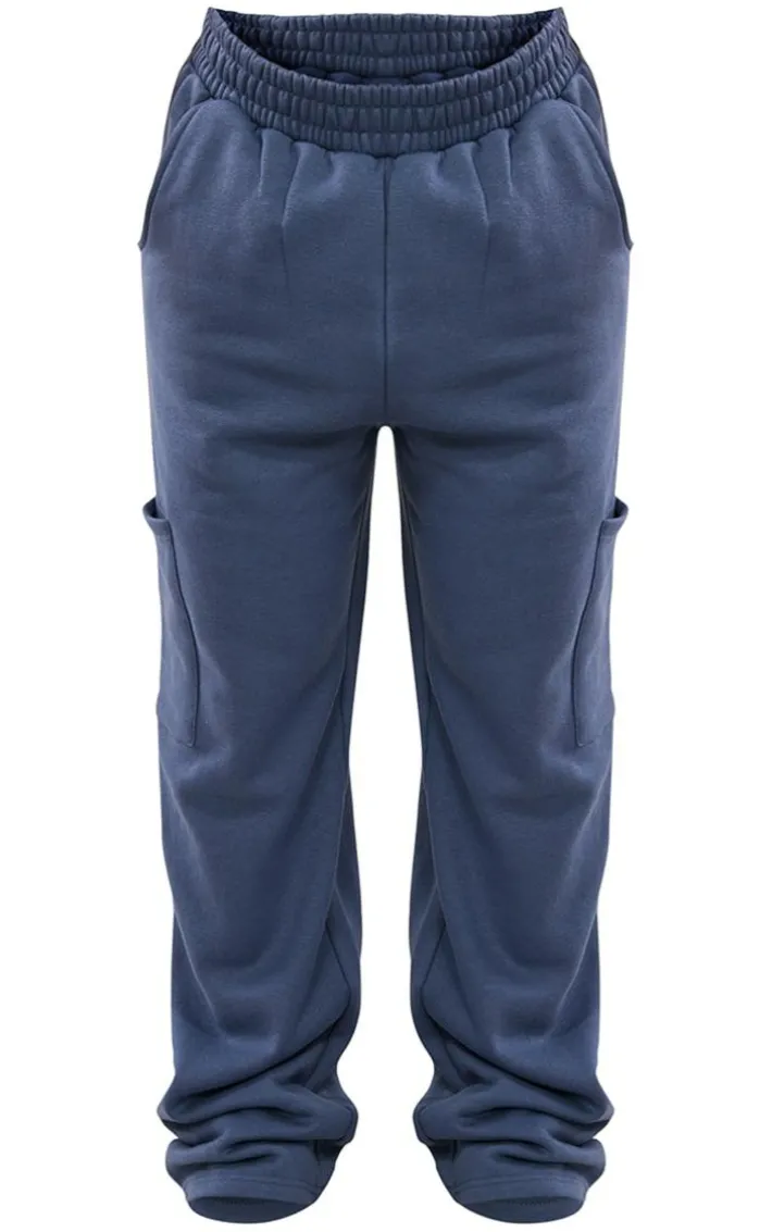Blue Grey Elasticated Waist Pocket Cargo Straight Leg Sweatpants