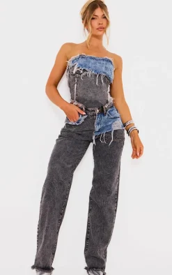 Blue Grey Layered Raw Hem Straight Leg Jeans