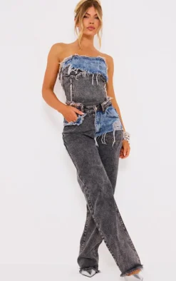 Blue Grey Layered Raw Hem Bandeau Denim Top