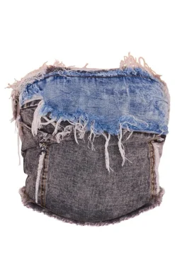 Blue Grey Layered Raw Hem Bandeau Denim Top