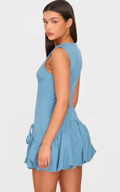 Blue Grey Pinstripe Racer Puffball Mini Dress