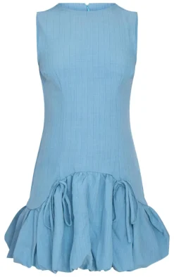 Blue Grey Pinstripe Racer Puffball Mini Dress