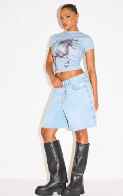 Blue Horse Print Ribbed Fitted T Shirt