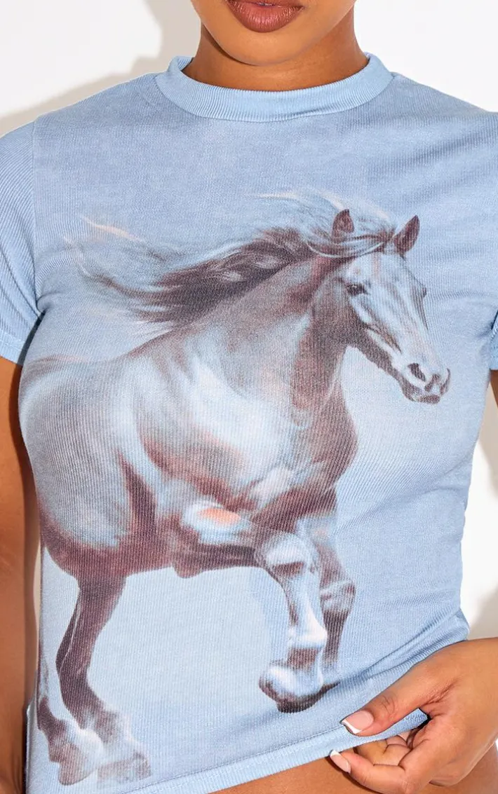 Blue Horse Print Ribbed Fitted T Shirt