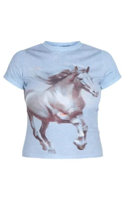 Blue Horse Print Ribbed Fitted T Shirt