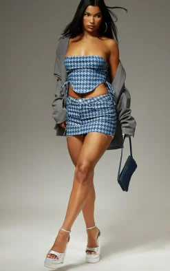 Blue Houndstooth Print Raw Hem Denim Micro Mini Skirt