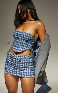 Blue Houndstooth Print Raw Hem Denim Micro Mini Skirt