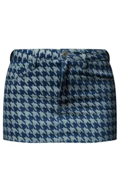 Blue Houndstooth Print Raw Hem Denim Micro Mini Skirt
