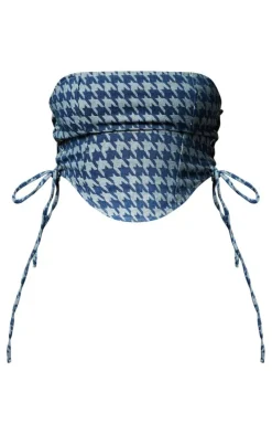 Blue Houndstooth Print Tie Detail Dipped Hem Denim Corset Top