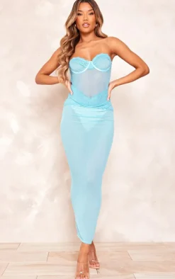 Blue Lace Bandeau Underwired Sheer Midaxi Dress