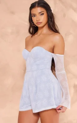 Blue Lace Bardot Sleeve Pintuck Romper