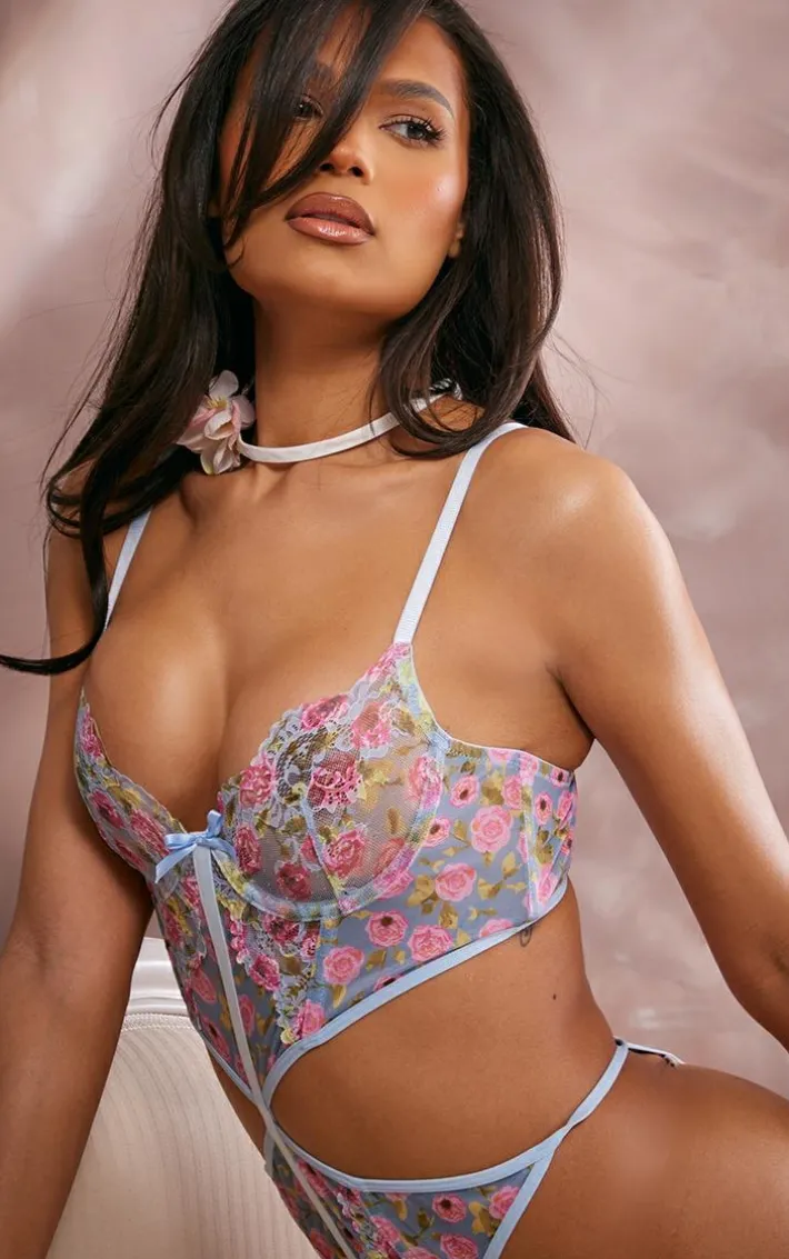 Blue Lace Floral Print Cut Out Detail Body