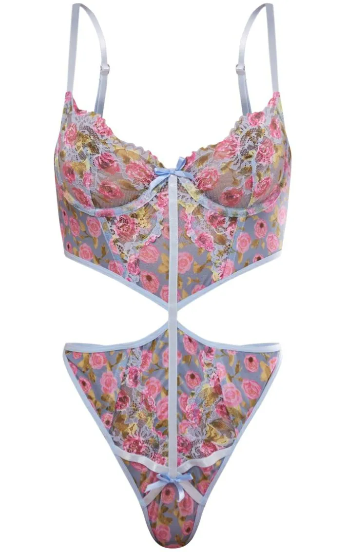 Blue Lace Floral Print Cut Out Detail Body