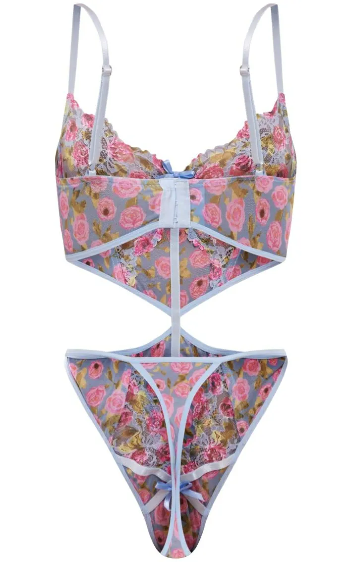 Blue Lace Floral Print Cut Out Detail Body