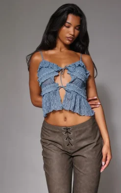 Blue Lace Ruffle Double Tie Strappy Top