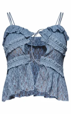 Blue Lace Ruffle Double Tie Strappy Top