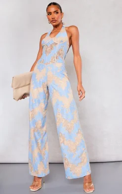 Blue Lace Underwired Corset Halter Jumpsuit