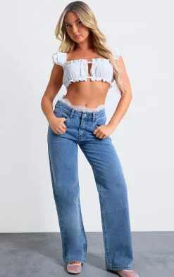 Blue Lace Waistband High Waist Straight Leg Jeans