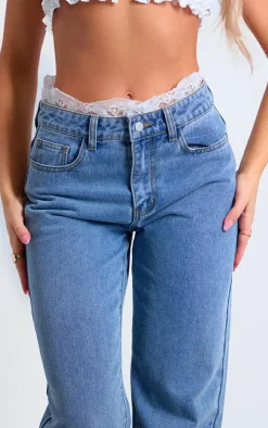 Blue Lace Waistband High Waist Straight Leg Jeans