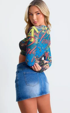 Blue Landscape Graphic Flared Sleeve Crop Top
