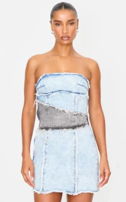 Blue Layered Denim Bandeau Mini Dress