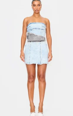 Blue Layered Denim Bandeau Mini Dress