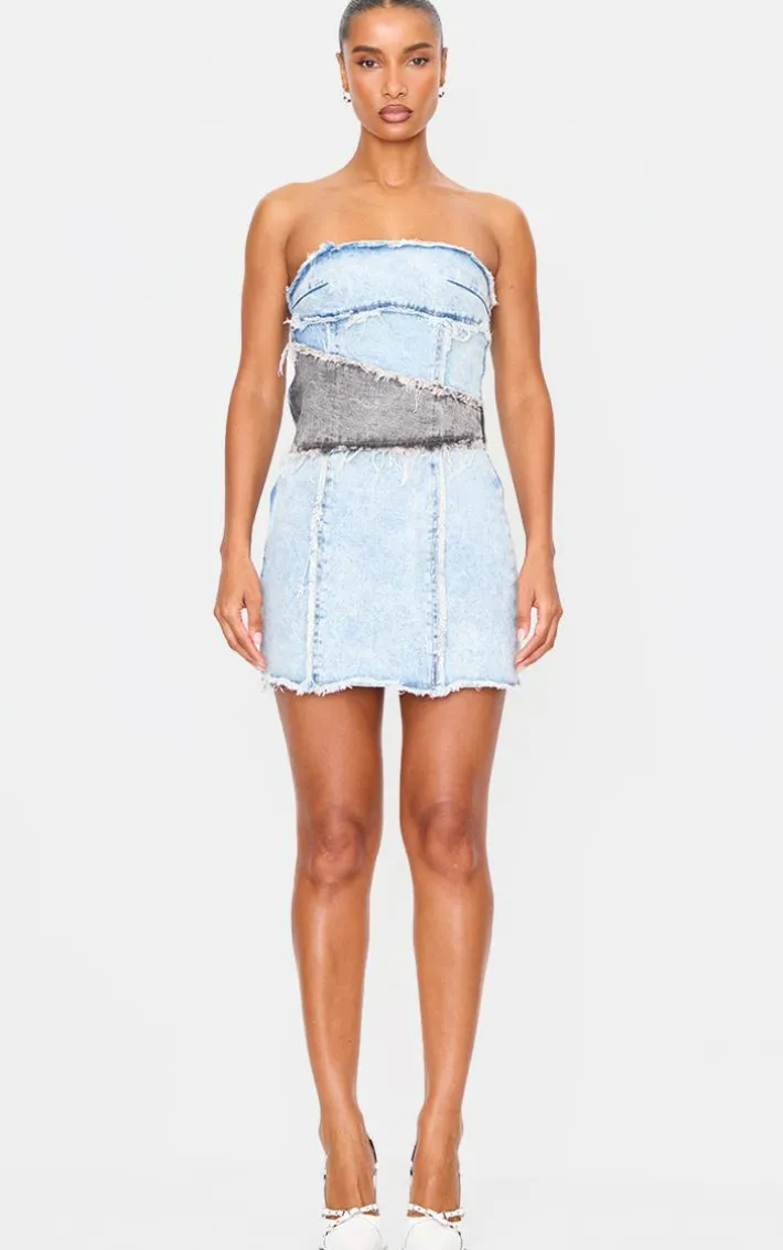 Blue Layered Denim Bandeau Mini Dress